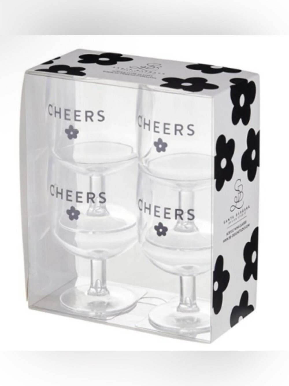 Set of 4 'CHEERS' Stemmed Acrylic Glasses - Clear & Black Floral Accents NEW